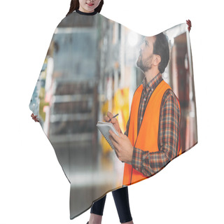 Personality  Male Worker In Safety Vest Writing In Notepad In Storehouse Hair Cutting Cape