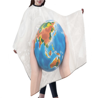 Personality  Cropped View Of Woman Holding Globe Above Plastic Garbage On White Background, Global Warming Concept Hair Cutting Cape