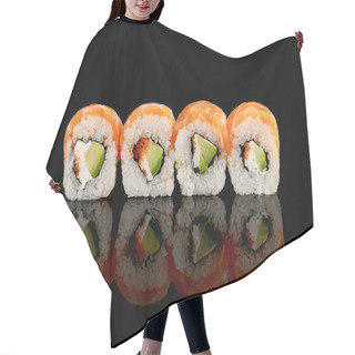 Personality  Fresh Delicious Philadelphia Sushi With Avocado, Creamy Cheese, Salmon And Masago Caviar Isolated On Black Hair Cutting Cape