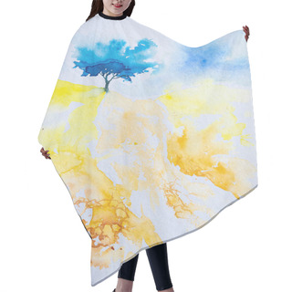 Personality  Abstract Watercolor Landscape With Blue Color Tree And Yellow Slope Of A Hill. Hand Painted With Watercolor Paints And Brush. Hair Cutting Cape
