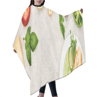 Personality  Panoramic Shot Of Creamy Green Vegetable Soup Near Fresh Vegetables On Textured Surface Hair Cutting Cape