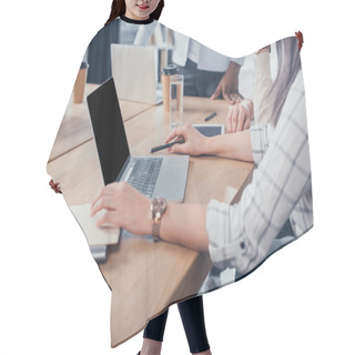 Personality  Cropped View Of Businesswoman Using Laptop And Working With Multicultural Colleagues   Hair Cutting Cape