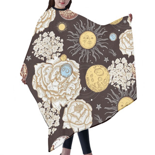 Personality  Seamless Pattern. Faces Of The Sun And Moon. Planets, Flowers And Stars. Space. Engraving Style. Hair Cutting Cape