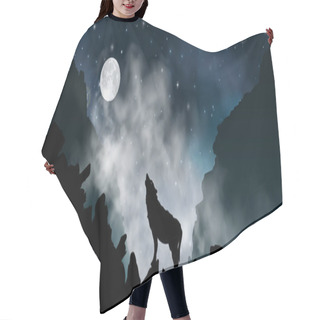 Personality  Silhouette Of The Wolf Howling At The Moon At Night In Front Of The Mountains Inside The Mist Clouds. Vector Illustration Of The Rock Landscape Hair Cutting Cape