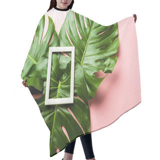 Personality  Top View Of Fresh Green Palm Leaves And Square Frame On Pink Background Hair Cutting Cape