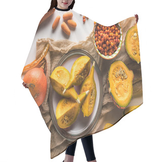 Personality  Top View Of Plate With Pumpkin On Canvas Near Bowl With Berries, Carrots And Zucchini Hair Cutting Cape