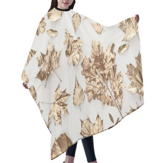 Personality  Top View Of Golden Painted Autumnal Foliage On White Background Hair Cutting Cape