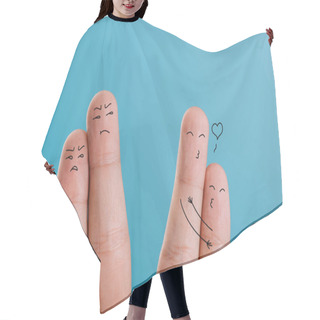 Personality  Cropped View Of Happy And Dissatisfied Couples Of Fingers Isolated On Blue Hair Cutting Cape