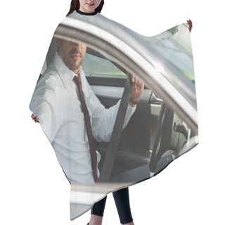 Personality  Selective Focus Of Businessman Holding Seat Belt In Car  Hair Cutting Cape