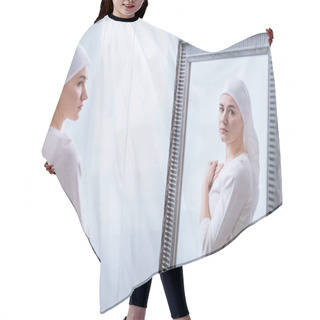 Personality  Young Sick Woman In Kerchief Looking At Mirror, Cancer Concept Hair Cutting Cape
