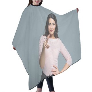 Personality  Brunette Woman Pointing At You, Isolated On Grey Hair Cutting Cape