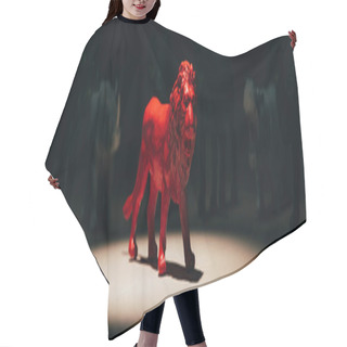 Personality  Panoramic Shot Of Red Toy Lion Under Spotlight With Animals At Background, Voting Concept Hair Cutting Cape