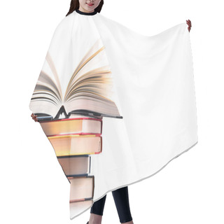 Personality  Composition With Stack Of Books Isolated On White Hair Cutting Cape