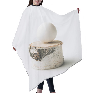 Personality  White Egg Laying On Wooden Stump On White Background Hair Cutting Cape