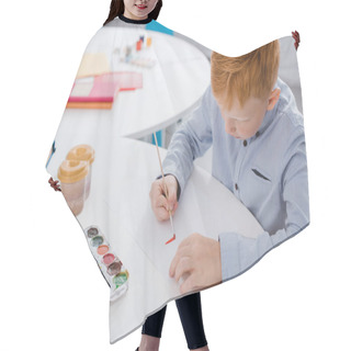 Personality  Focused Preschooler Red Hair Boy Drawing Picture At Table In Classroom Hair Cutting Cape
