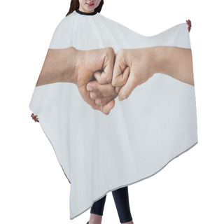 Personality  Cropped View Of Two Men Doing Fist Bump Isolated On Grey Hair Cutting Cape