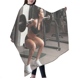 Personality  Beautiful Girl Exercising Squatting With Barbell Hair Cutting Cape