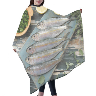 Personality  Blue Fish Raw Pilchard On Green Table Background Hair Cutting Cape