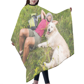 Personality  Top View Of Smiling Traveler And Golden Retriever Dog Lying On Green Grass With Backpack Hair Cutting Cape