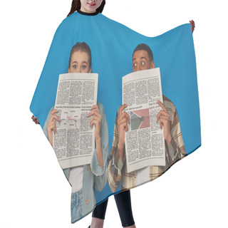 Personality  Interracial Man And Woman Obscuring Faces With Newspapers On Blue Background, Reading News Hair Cutting Cape