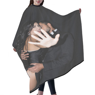 Personality  Passionate Man Undressing Sexy Woman Showing Stop Gesture Isolated On Black  Hair Cutting Cape