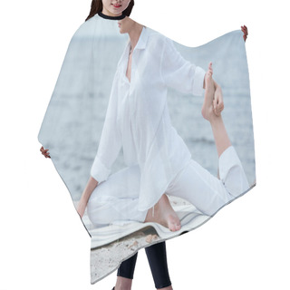 Personality  Cropped View Of Young Woman Practicing Yoga On Yoga Mat  Hair Cutting Cape