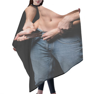 Personality  Cropped View Of Woman Taking Off Belt Of Man Isolated On Black Hair Cutting Cape