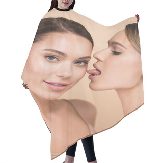 Personality  Sensual Woman Touching Face Of Pretty Woman With Tongue Isolated On Beige Hair Cutting Cape