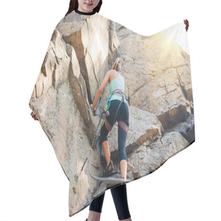 Personality  Beautiful Woman Climbing On The Rock In The Mountains. Adventure And Extreme Sport Concept Hair Cutting Cape