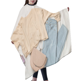 Personality  Flat Lay With Women Casual Outfit On White Bed Sheet, Top View, Hair Cutting Cape