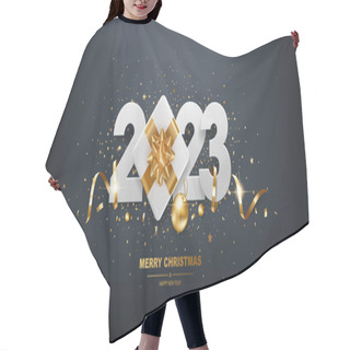 Personality  Happy New Year 2023. White Paper Numbers With Golden Ribbons, Gift Box And Confetti On A Black Background. Hair Cutting Cape