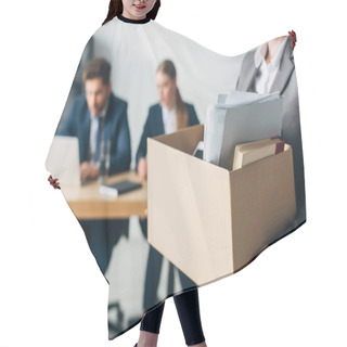 Personality  Selective Focus Of Fired Woman Holding Cardboard Box With Book And Papers In Office  Hair Cutting Cape