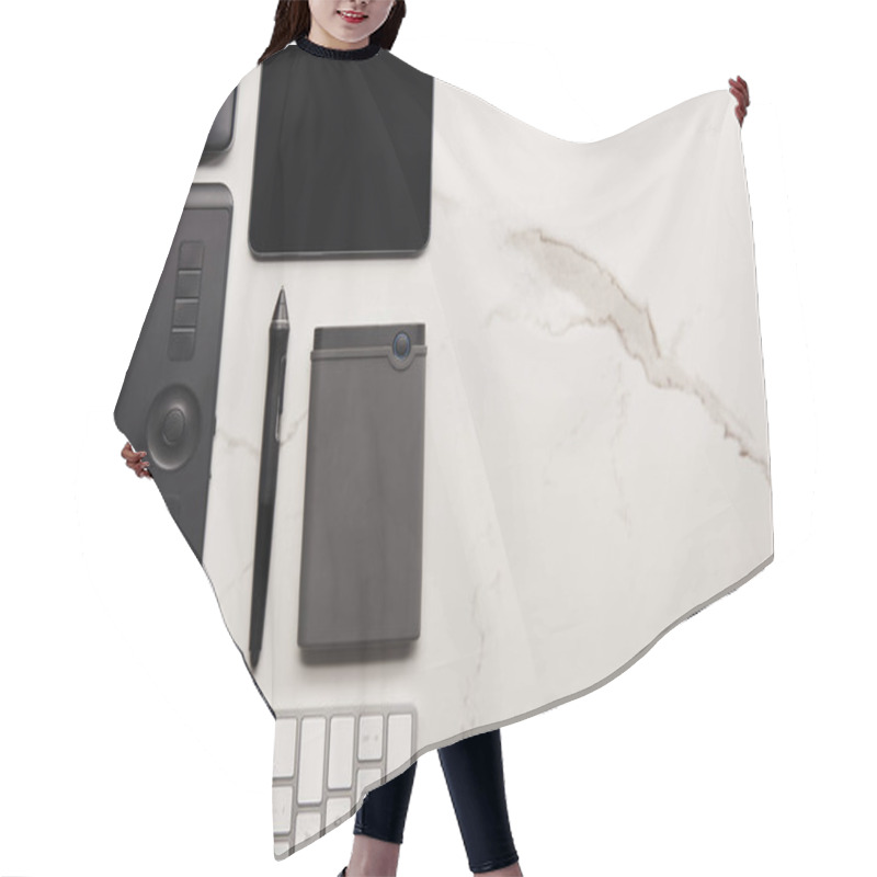 Personality  Flat Lay With Graphics And Digital Tablet With Portable Hdd And Wireless Keyboard On White Marble Surface Hair Cutting Cape