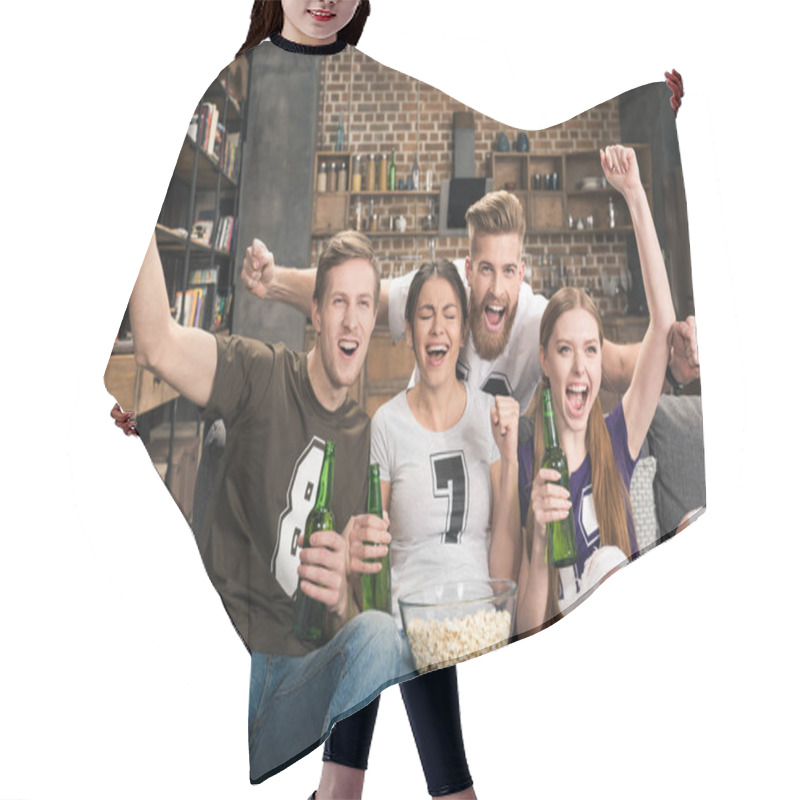 Personality  Young friends drinking beer hair cutting cape