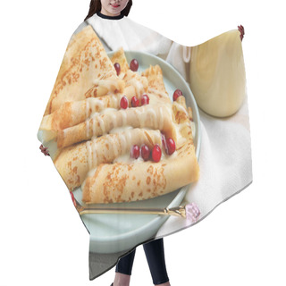 Personality  Plate With Thin Pancakes, Cranberries And Condensed Milk On Grey Background Hair Cutting Cape