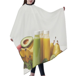 Personality  Fresh Detox Fruits And Smoothies On White Background   Hair Cutting Cape