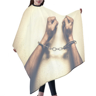 Personality  Hands On White Cement Surface With Handcuff Hair Cutting Cape