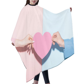 Personality  Cropped View Of Man And Woman Holding Heart-shaped Card On Pink And Blue Background  Hair Cutting Cape