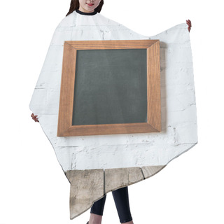 Personality  Close Up View Of Blank Chalkboard On White Brick Wall And Wooden Planks Surface Hair Cutting Cape