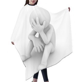 Personality  Sad 3d Man Sitting On White Background Hair Cutting Cape