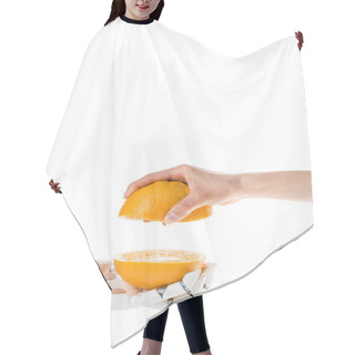 Personality  Cropped Shot Of Robot And Human With Halves Of Orange Isolated On White Hair Cutting Cape