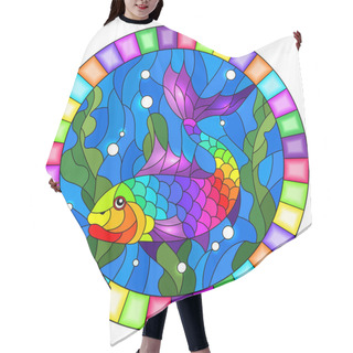Personality  Illustration In Stained Glass Style With An Abstract Bright Fish On The Background Of Water And Algae, Oval Image Hair Cutting Cape