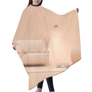 Personality  Peach Fuzz Is A Trend Colour Year 2024 In Sport Fitness Equipment. Sport Mat, Yoga Block In Living Room. Gym 3d Render Hair Cutting Cape