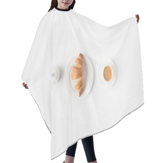 Personality  Top View Of Cup Of Coffee And Croissant For Breakfast On White Surface Hair Cutting Cape