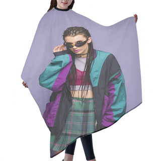 Personality  Young Woman In Retro Sports Jacket Holding Sunglasses On Purple Background  Hair Cutting Cape