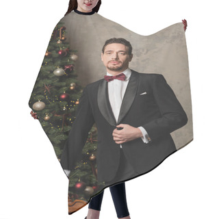 Personality  Wealthy Gentleman In Formal Attire With Bow Tie Looking At Camera Near Decorated Christmas Tree Hair Cutting Cape