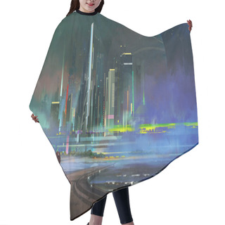 Personality  Painted A Fantastic Night City Of Megapolis In The Style Of Cyberpunk Hair Cutting Cape
