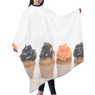 Personality  Delicious Halloween Orange And Black Cupcakes Isolated On White With Copy Space Hair Cutting Cape