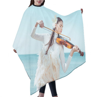 Personality  Tender Woman In White Swan Costume Playing On Violin Hair Cutting Cape