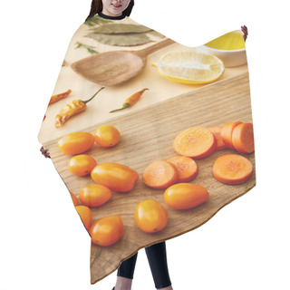 Personality  Selective Focus Of Fresh Vegetables On Cutting Board With Spices And Olive Oil On Beige Background Hair Cutting Cape